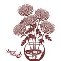 Monochrome illustration of of chrysanthemums in a glass vase