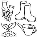 Monochrome illustration. Collection of garden and vegetable garden items, garden and vegetable garden care