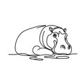 A monochrome illustration depicts a hippopotamus fully immersed in aquatic surroundings.