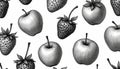Monochrome illustration featuring repeating pattern of hand-drawn apples, strawberries. Elegant design natural fruit elements Royalty Free Stock Photo