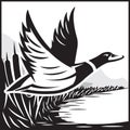 Monochrome illustration with flying wild duck over the water