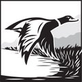Monochrome illustration with flying wild duck over the water Royalty Free Stock Photo