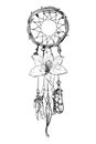 Monochrome illustration with hand drawn dream catcher. Ornate ethnic items, feathers, beads and flower. Royalty Free Stock Photo