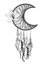 Monochrome illustration with hand drawn dream catcher. Ornate ethnic items, feathers, beads and flower. Royalty Free Stock Photo