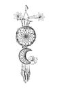 Monochrome illustration with hand drawn dream catcher. Ornate ethnic items, feathers, beads and flowers. Royalty Free Stock Photo