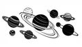 Monochrome illustration of a planetary system, featuring various Royalty Free Stock Photo