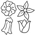 Monochrome illustration, a set of different garden flowers, spring mood, gardening