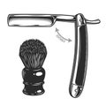 Monochrome illustration of straight razor and shaving brush