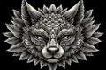 Monochrome illustration of a wolf\'s head adorned with intricate leaf patterns, creating a mystical and powerful design
