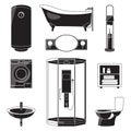 Monochrome illustrations of bathroom furniture and others sanitary symbols. Vector black pictures isolated