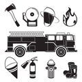 Monochrome illustrations of fireman tools in fire station department