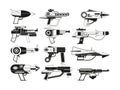 Monochrome illustrations of futuristic weapons for astronauts