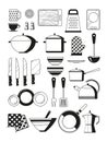 Monochrome illustrations of kitchen tools. Vector silhoette of restaurant utensil