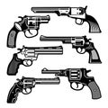 Monochrome illustrations of retro weapons. Revolvers vintage guns. Vector pictures set