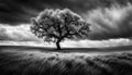 monochrome image of a bare twisted tree in a dark cloudy atmospheric landscape