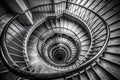 Descending into the Abyss of a Spiral Staircase with Metal Railings and Grates in Monochrome Royalty Free Stock Photo