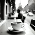 Monochrome Image of a Cup of Steaming Hot Coffee at a Sidewalk Cafe