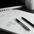 A monochrome image features an open spiral-bound notebook with lined paper filled with handwritten mathematical calculations Royalty Free Stock Photo