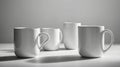 Monochrome image featuring four white ceramic coffee mugs with handles, casting shadows on a flat surface Royalty Free Stock Photo