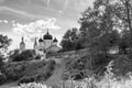 Monochrome image. Holy Bogolyubovo Monastery in sunny summer day, Vladimir region, Russia.