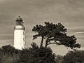 Monochrome image of the lighthouse Dornbusch on the island Hiddensee, Germany, sepia toned