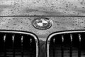 Monochrome image of a luxury, german-made sports car showing details of its badge and grille area.