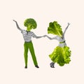 Monochrome image of man and woman with lettuce heads dancing isolated on white background. Contemporary art collage Royalty Free Stock Photo