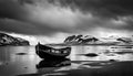 monochrome image of an old abandoned boat surrounded by ice covered land in an arctic ocean landscape with a dramatic
