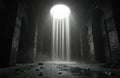 Monochrome image of rain falling through circular opening in dark tunnel ceiling. Light beams create dramatic contrast with Royalty Free Stock Photo