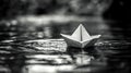 A monochrome image showing an origami paper boat floating on water, creating