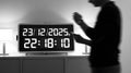 A Monochrome Image Shows a Large Digital Clock displaying the Date \
