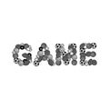 Monochrome image of sports balls :football basketball water Polo Golf American football Rugby . Laid out in word game. for t-