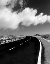 two lane empty road curving to the horizon in a scrubby desert landscape with cloudy sky