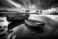 monochrome image of two old abandoned wooden boats surrounded by floating ice in an arctic ocean landscape with a dramatic cloudy