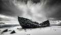 monochrome image of a wrecked old wooden ship hull frozen in ice in an arctic wasteland