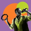 Monochrome image of young African man singing and playing tambourine. Colorful abstract design elements. Contemporary Royalty Free Stock Photo