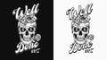 Monochrome label with skull with money, rose, text Royalty Free Stock Photo