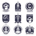 Monochrome labels for astronauts. Vector badges templates with place for your text Royalty Free Stock Photo