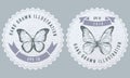 Monochrome labels design with illustration of morpho menelaus, morpho rhetenor cacica