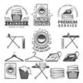 Monochrome labels of laundry service. Illustrations of washing machines