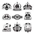 Monochrome labels set for boxing championship. Illustration of gloves and boxer Royalty Free Stock Photo