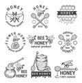 Monochrome labels set with honey, bees and honeycomb