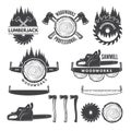 Monochrome labels set with lumberjack and pictures for wood industry