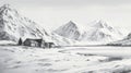 Monochrome Lake Side Home With Snow Capped Mountains Sketch