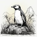 Monochrome Landscape Illustration: Penguin Sitting On Rock