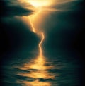 Monochrome landscape thunder lighting cloudy sky ocean wave Royalty Free Stock Photo