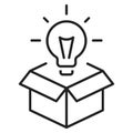 Monochrome light bulb in box creativity icon vector illustration open cardboard case with lightbulb Royalty Free Stock Photo