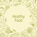 Monochrome line art background with different vegetables. Natural frame template with healthy organic products. Backdrop