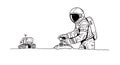 Astronaut Operating Robotic Rover with Joystick Line Art Royalty Free Stock Photo