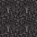 Monochrome Line Forest Mushrooms Seamless Pattern